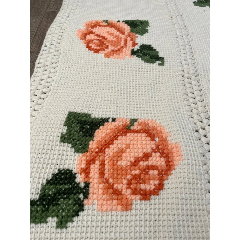 Vintage Handmade Crochet Rose Floral Afghan Throw Blanket Peach Cream 42x68